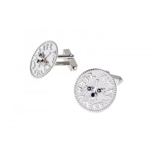 Silver Shekel Cufflinks with Holy Jerusalem Engraving in Ancient Hebrew & Sapphire by Rafael Jewelry Boutons de Manchette