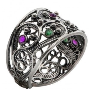 Sterling Silver Ring Filigree & Emeralds and Ruby by Rafael Jewelry Default Category