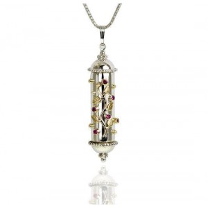 Sterling Silver Amulet Pendant with Ruby and Yellow Gold leaves by Rafael Jewelry Joyería Judía