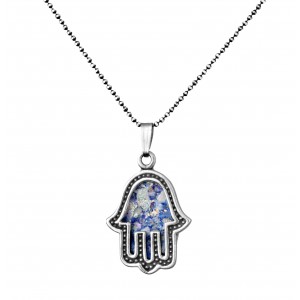 Hamsa Pendant in Sterling Silver with Roman Glass by Rafael Jewelry Joyería Judía