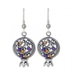 Sterling Silver Pomegranate Earrings with Gemstones by Rafael Jewelry Joyería Judía