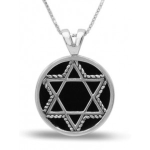Star of David Round Pendant in Sterling Silver with Onyx Gem