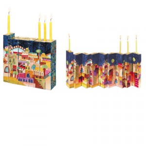 Yair Emanuel Multicolour Accordion Menorah with a Scene of Jerusalem in Wood Bougeoirs
