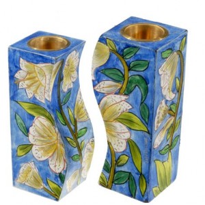 Yair Emanuel Fitted Shabbat Candlesticks with Lilies Bougeoirs