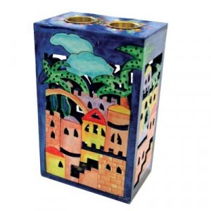 Yair Emanuel Wooden Painted Candlestick Box with Jerusalem Design Shabat