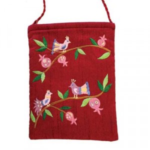 Embroidered Maroon Handbag with Bird and Pomegranate Motif by Yair Emanuel