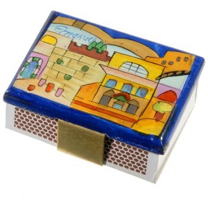 Yair Emanuel Kitchen Sized Wooden Matchbox Holder with Jerusalem City Vistas Shabat
