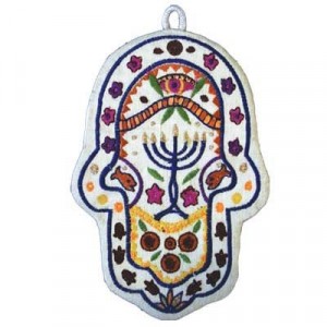 Charming Hamsa Embroidered with Menorah Design by Yair Emanuel - Small
 Hamsa
