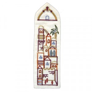  Yair Emanuel Raw Silk Embroidered Bookmark with Jerusalem Depictions in White Bookmarks