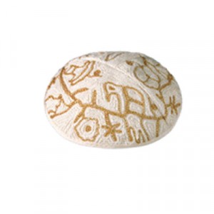 Yair Emanuel White and Gold Cotton Hand Embroidered Kippah with Bird Motif Kipot