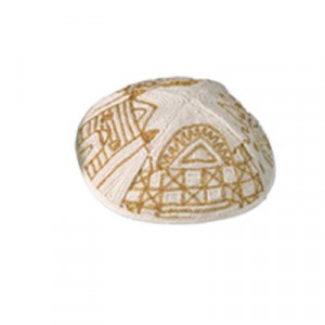 Yair Emanuel White and Gold Cotton Hand Embroidered Kippah with Jerusalem Motif Kipot