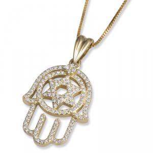14K Gold Star of David and Hamsa Pendant with Diamonds Star of David Jewelry