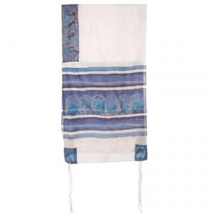 Yair Emanuel Hand Painted Tallit with Twelve Tribes in White and Blue Silk Talitot