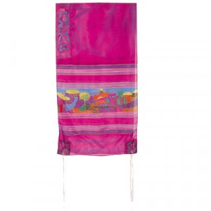 Yair Emanuel Hand Painted Tallit with Jerusalem and Dove in Maroon Silk Talitot