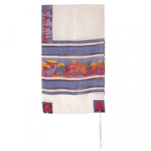 Yair Emanuel Hand Painted Tallit with Jerusalem and Dove in White Silk Talitot