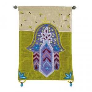 Yair Emanuel Green Raw Silk Embroidered Wall Decoration with Hamsa and Flowers Casa Judía

