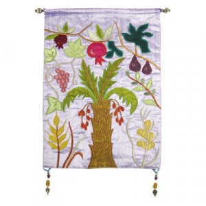 Yair Emanuel Raw Silk Embroidered Wall Decoration with Seven Species in Violet Décorations de Soucca