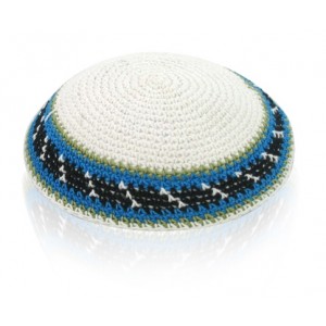 White Knitted Kippah with Green, Blue and Black Stripes Kipot