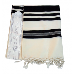 White Shabbat Wool Tallit with Tight Weave and Black Stripes Talitot