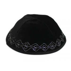 Black Velvet Kippah with Four Sections and Embroidered Silver Lines Kipot