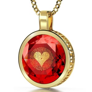 24K Gold Plated Large Cubic Zirconia Necklace Micro-Inscribed with 24K Gold Heart and 