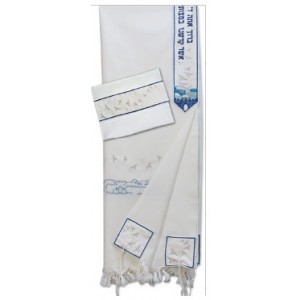 White Wool Tallit with Blue and Silver Jerusalem and Birds Talitot