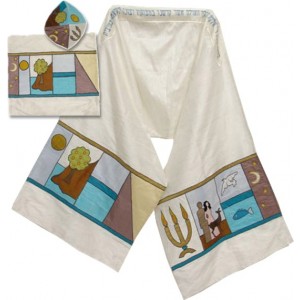 White Silk Tallit with Appliqué Six Days of Creation Rikmat Elimelech