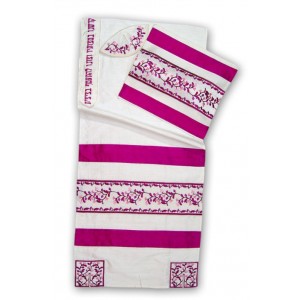White Silk Tallit with Myrtle Branches and Hebrew Text in Pink Talitot