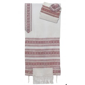 Hand-woven White Wool and Silk Tallit with Red Lines and Diamonds Talitot