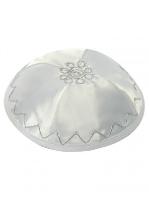 White Satin Kippah with Silver Embroidery 15 CM