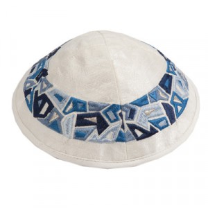 White Kippah with Blue Geometrical Embroidery by Yair Emanuel Bar Mitzvah
