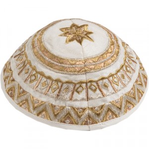 White Kipah by Yair Emanuel with Gold Geometric Embroidery