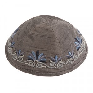 Kipah Yair Emanuel with Date Palm Embroidery in Gray and Blue Kipot