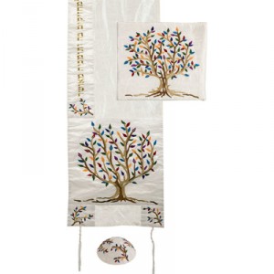 Colorful Yair Emanuel Raw Silk Tallit with Matching Bag and Kippa - Tree of Life Talitot