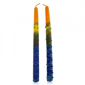 Safed Candles Pair of Shabbat Candles in Orange, Green and Blue