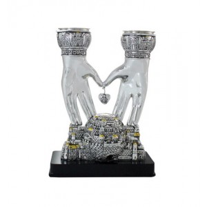 Silver Polyresin Shabbat Candlesticks with Jerusalem and Blessing Hand Stems Shabat