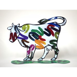 David Gerstein Nava Cow Sculpture with Bright Painted Lines