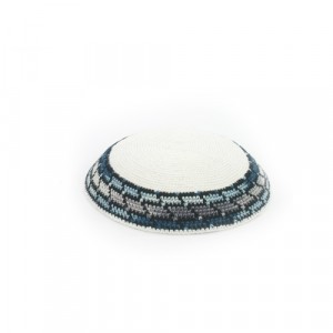 15cm White Knitted Kippah with Blue and Grey Stripes Kipot