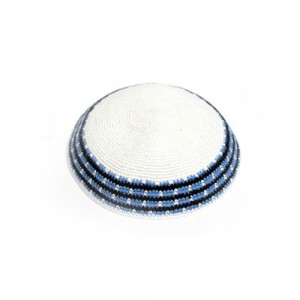 15cm White Knitted Kippah with Alternating Black and Blue Stripes