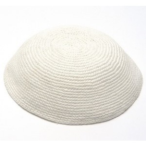 White Knitted Kippah with Simple Crocheted Pattern Kipot