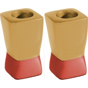 Orange and Golden Anodized Aluminum Shabbat Square Candlesticks by Yair Emanuel Bougeoirs