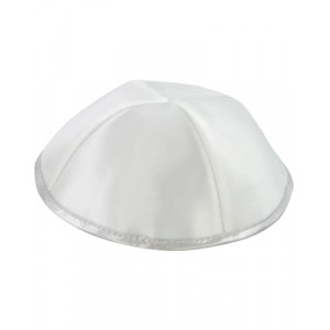 White Satin Kippah with Thin Silver Stripe and Four Sections