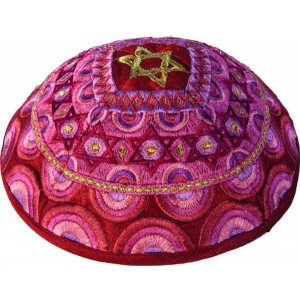 Yair Emanuel Kippah with Gold Star of David and Red Embroidered Decorations Kipot