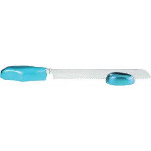 Yair Emanuel Anodized Aluminum Challah Knife in Turquoise with Teardrop Design Shabat