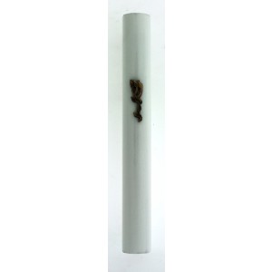 White Wood Mezuzah with Bronze-Colored Divine Name in Hebrew