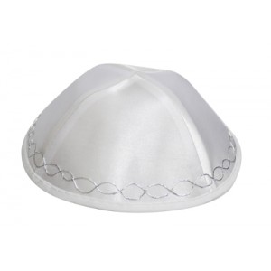 White Satin Kippah with Silver Wavy Lines and Four Large Sections