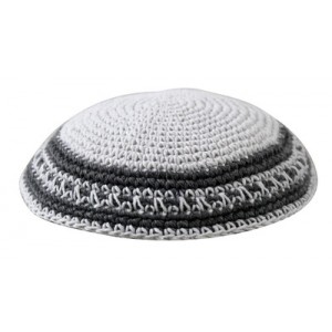 White Knitted Kippah with Thick Slate Gray Lines and Thin Dotted Line Kipot