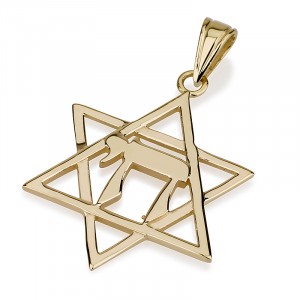 14k Yellow Gold Star of David Pendant with ‘Chai’ and Inscribed Lines Collares y Colgantes