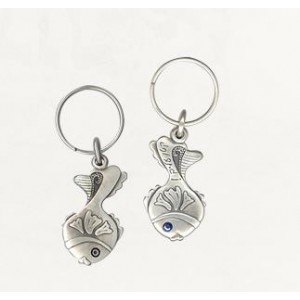Silver Fish Keychain with Inscribed Hebrew Text and Swarovski Crystals Israeli Art