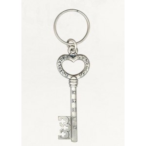 Silver Skeleton Key Keychain with English Text and Good Luck Symbols Israeli Art